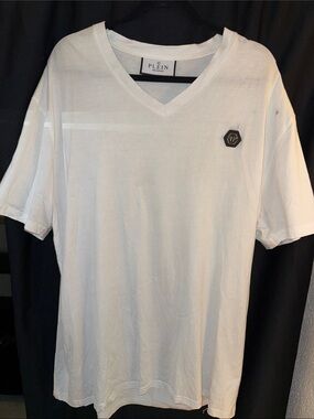 Philipp Plein White V-Neck T-Shirt with Hex Logo Patch